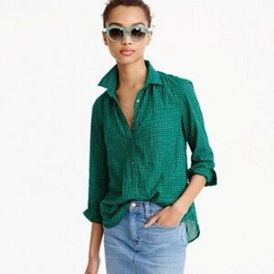 J. Crew preppy gathered popover top in green-navy gingham. Size 6.